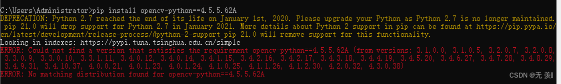 已解决ERROR: Could not find a version that satisfies the requirement opencv-python4.5.5.62A (from versi